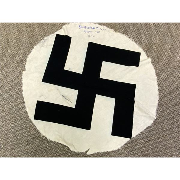 WWII GERMAN NAZI FLAG CENTER SIGNED BY GI VETERAN