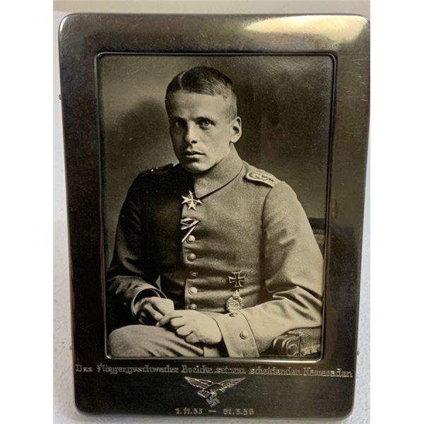 WWII GERMAN LUFTWAFFE 800 SILVER FRAME WITH DEDICATION PICTURE OF RECIPIENT IN WWI UNIFORM