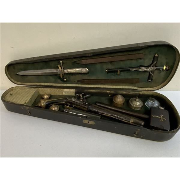 ANTIQUE 19th CENTURY VAMPIRE SLAYING KIT HOUSED IN WOODEN VIOLIN CASE