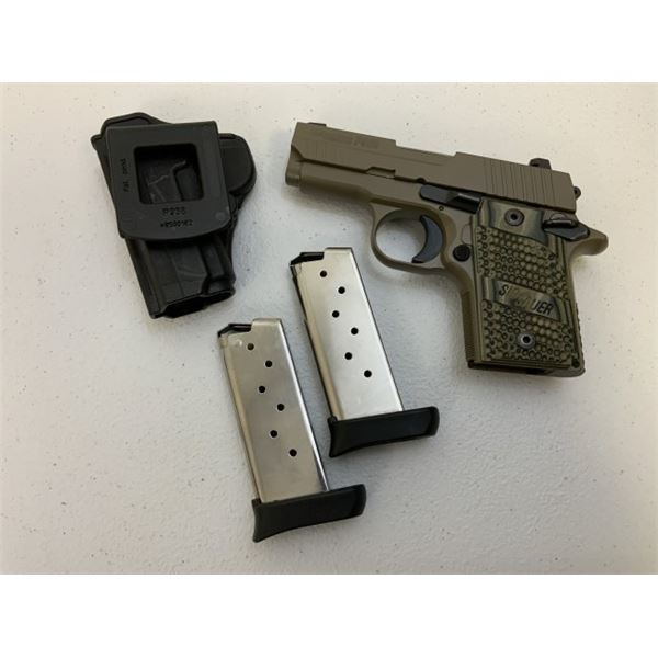 SIG SAUER P 938 TAN CAMMO PISTOL 9 MM WITH BOX AND HOLSTER