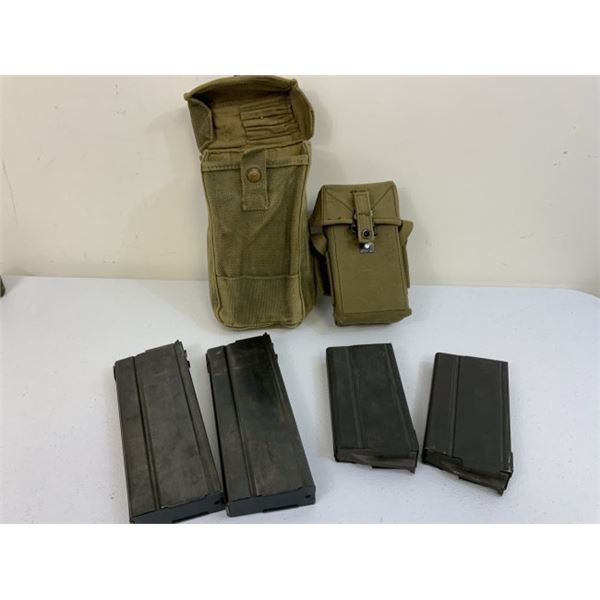 US VINTAGE M14 RIFLE MAGAZINES LOT WITH WWII DATED CANVAS POUCHES