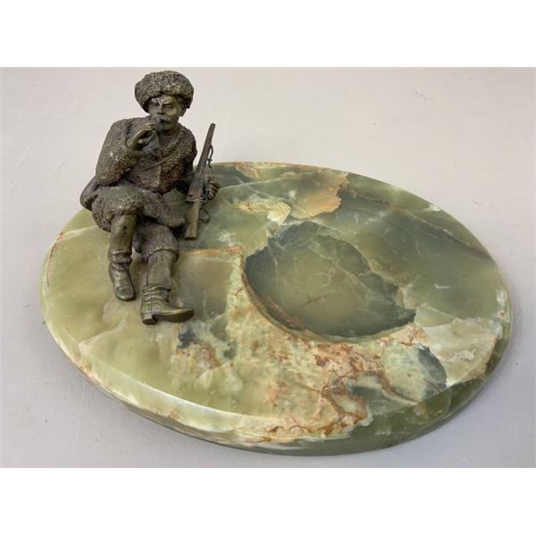 ANTIQUE IMPERIAL RUSSIAN STONE BASE BRONZE HUNTER ASHTRAY