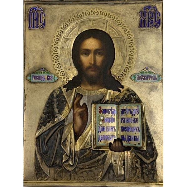 RARE ANTIQUE IMPERIAL RUSSIAN ICON CHRIST PANTOCRATOR SILVER GILT ENAMELS