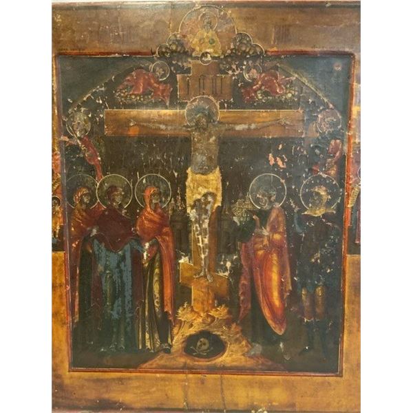 ANTIQUE 18th - early 19th CENTURY RUSSIAN ORTHODOX ICON " CRUCIFIXION"