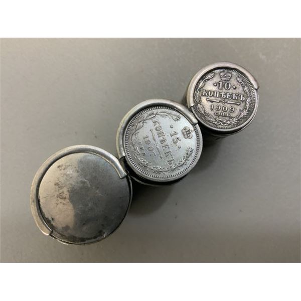 ANTIQUE IMPERIAL RUSSIAN 94 SILVER COIN BANK HOLDER WITH COINS