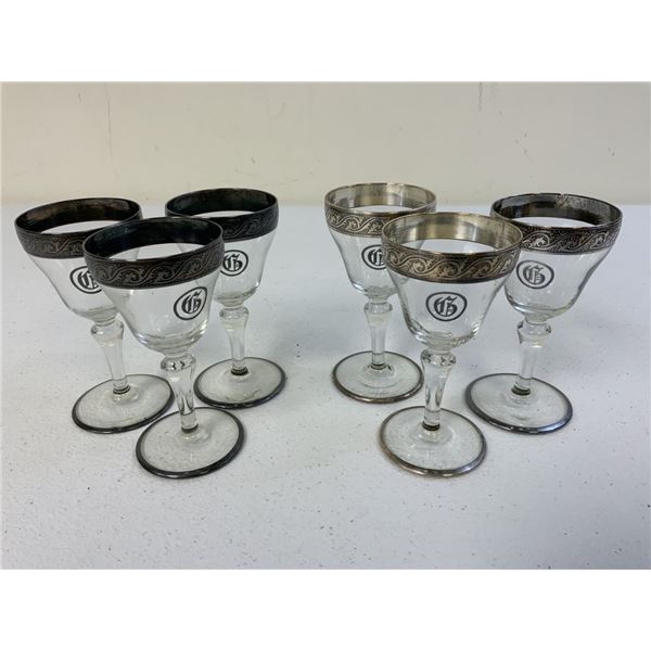 ANTIQUE SILVER AND GLASS SET OF 5 WINE / LIQUOR GLASSES WITH MONOGRAM