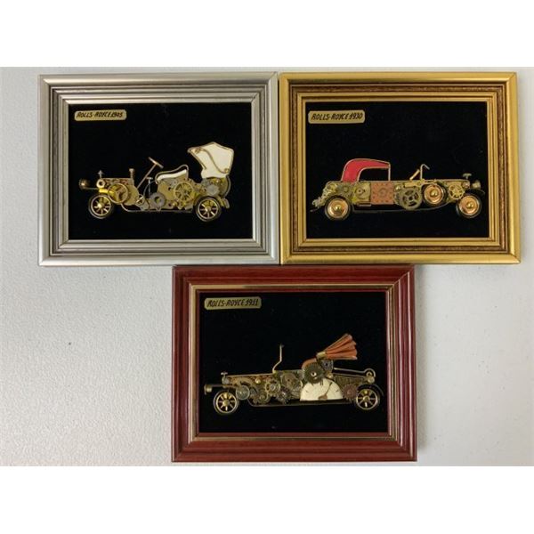 ROLLS-ROYCE LOT OF 3 WALL ART FRAMED PLAQUES MADE FROM ANTIQUE WATCH PARTS