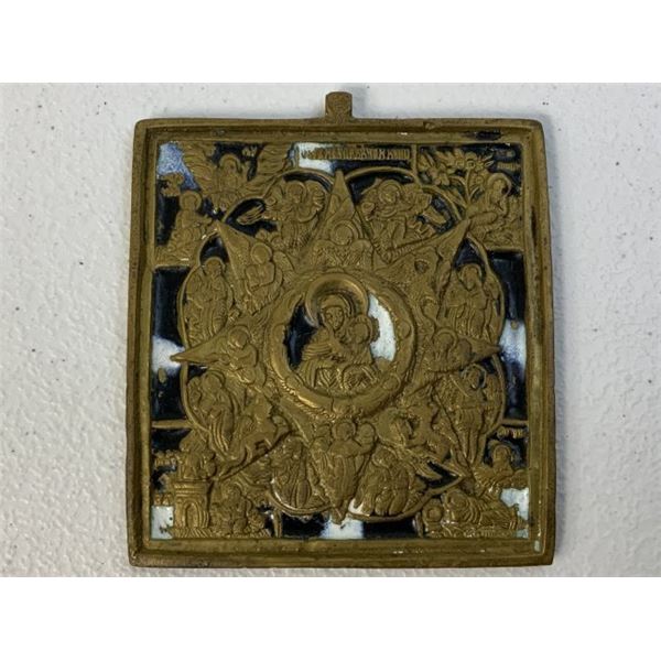ANTIQUE IMPERIAL RUSSIA COMPOSITION BRASS & ENAMEL ICON 19th CENTURY