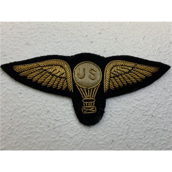 WWI US ARMY AIR FORCE  BALLOON PILOT GOLD EMBROIDERED WINGS