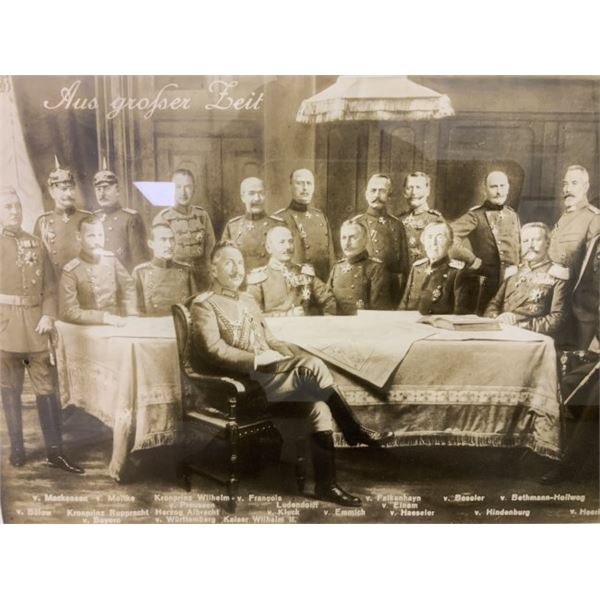 LARGE WWI IMPERIAL GERMAN PERIOD FRAMED PICTURE OF KAISER AND HIGH COMMAND OFFICERS