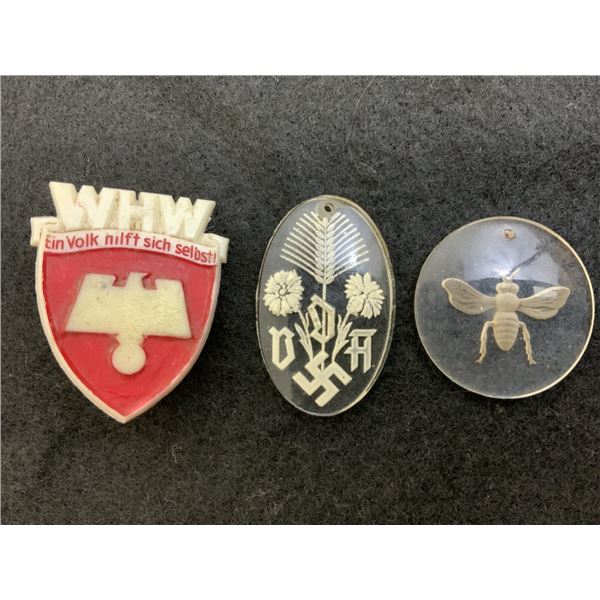 NAZI GERMANY LOT OF 3 GLASS AND PLASTIC PINS BADGES PENDANTS