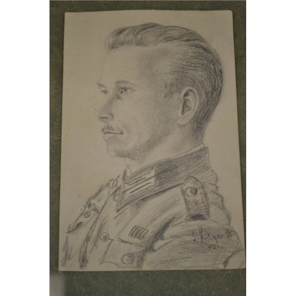 WWII GERMAN PENCIL DRAWING OF A SOLDIER DATED 1942