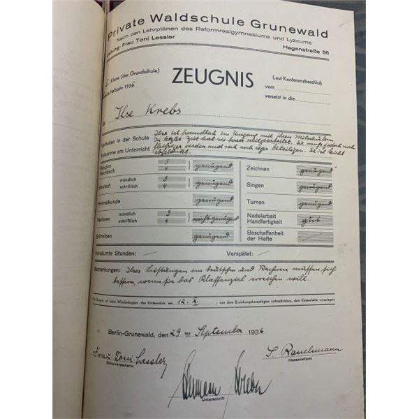 NAZI GERMANY PRIVATE SCHOOL GRUNEWALD REPORT BOOK 1930'S