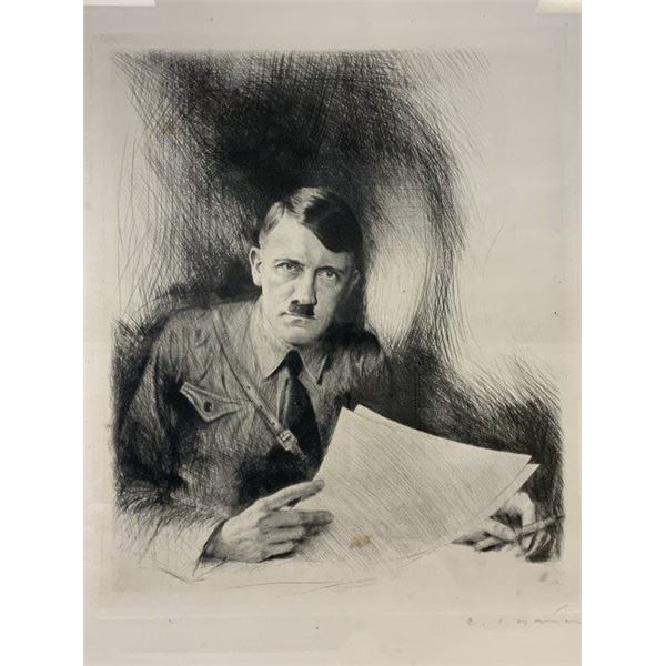 ADOLF HITLER PORTRAIT PERIOD PRINT FRAMED ARTIST SIGNED