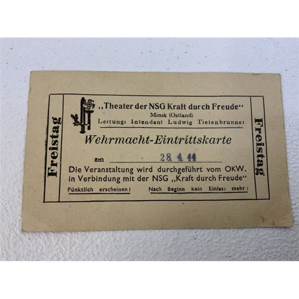 WWII THIRD REICH RARE OCCUPIED USSR MINSK THEATER TICKET FOR MILITARY PERSONAL