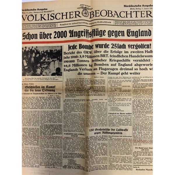 GERMANY THIRD REICH WWII GERMAN NEWSPAPER "Volkisher Beobachter" JANUARY 3 , 1941