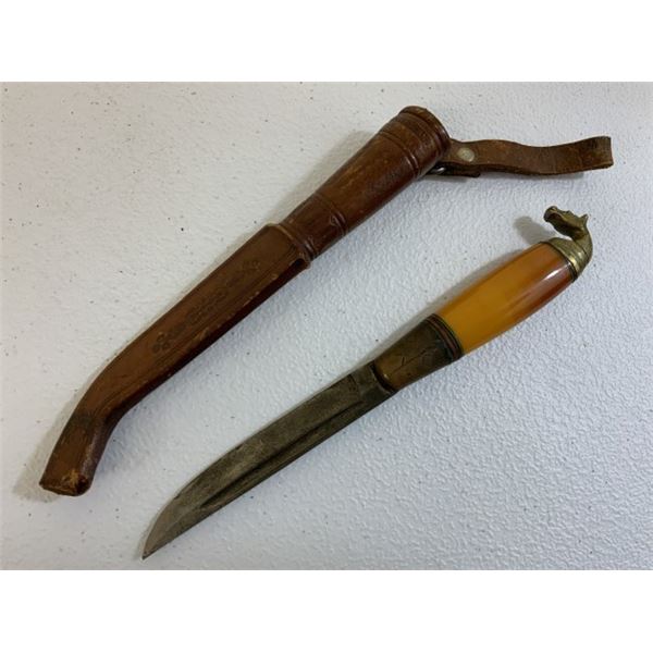 VINTAGE FINNISH YELLOW GRIP HORSE HEAD PUUKO KNIFE WITH SHEET