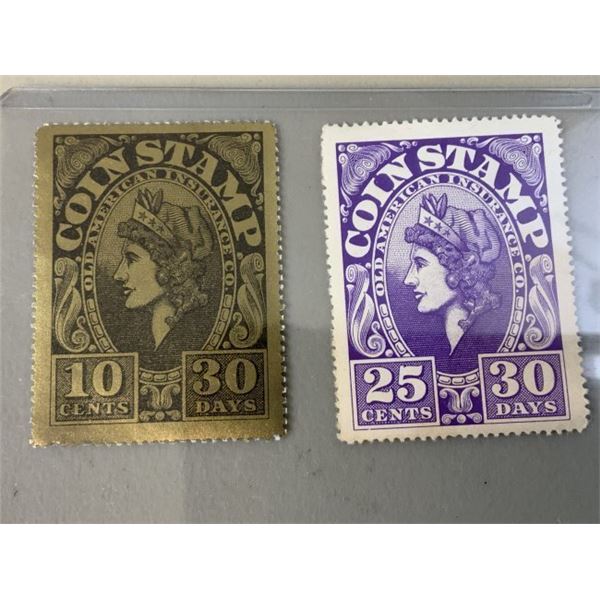 ANTIQUE OLD AMERICAN INSURANCE CO. "LIBERTY" COIN STAMPS LOT 10C & 25C