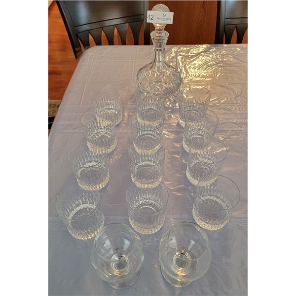 A Beautiful Crystal Whiskey Decanter, Accompanied By 12 Stunning Crystal Whiskey Glasses and MORE!