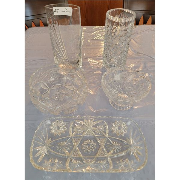 A Collection Of Crystal Vases and Candy/Serving Trays