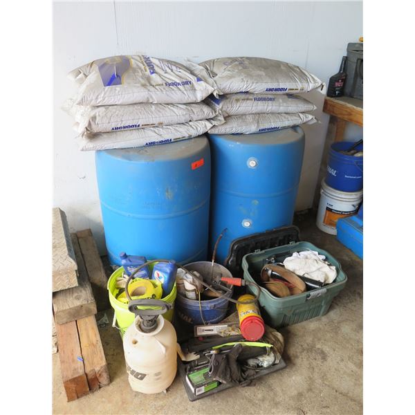 Misc. Shop Materials: Floor Cleaner, Empty Plastic Drums, Straps, etc.