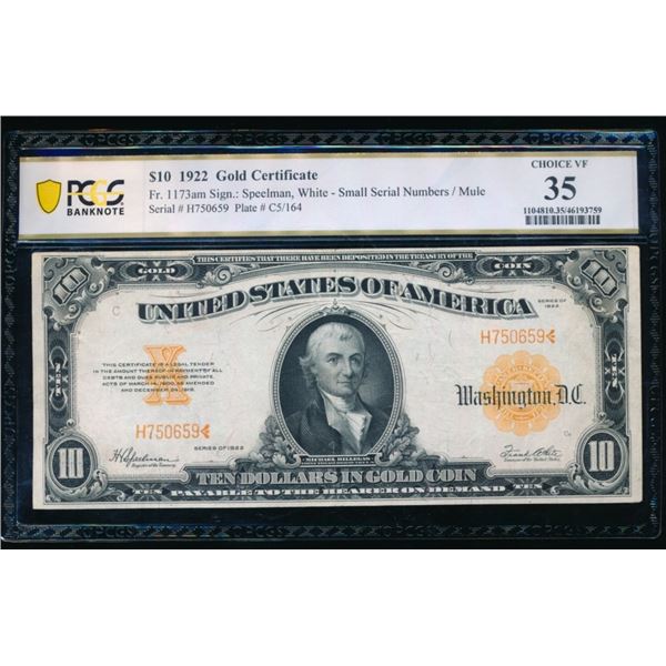 1922 $10 Gold Certificate PCGS 35