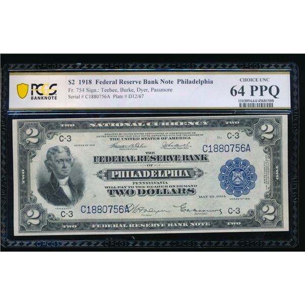 1918 $2 Philadelphia FRBN PCGS 64PPQ
