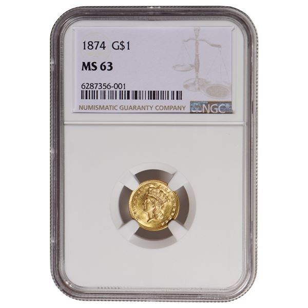 1874 $1 Type 3 Gold Coin NGC MS63