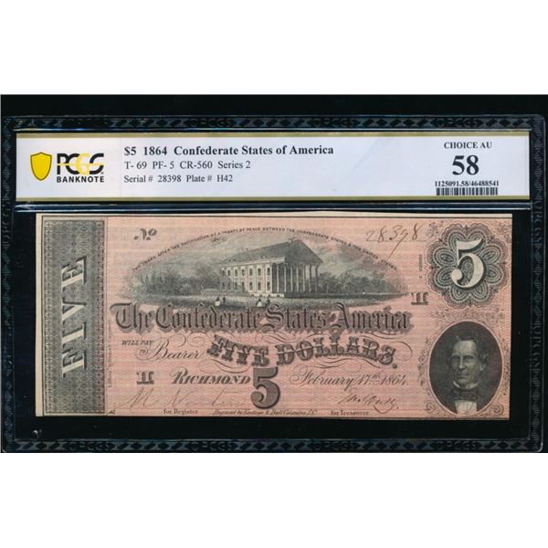 1864 $5 T-69 Confederate PCGS 58