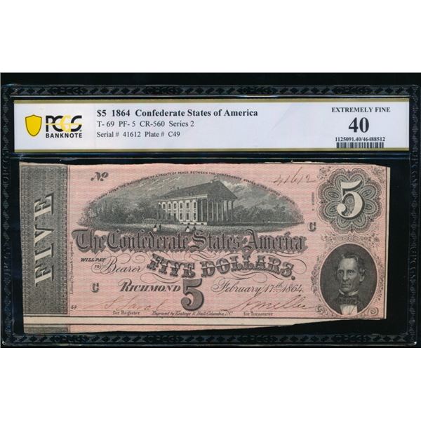 1864 $5 T-69 Confederate PCGS 40