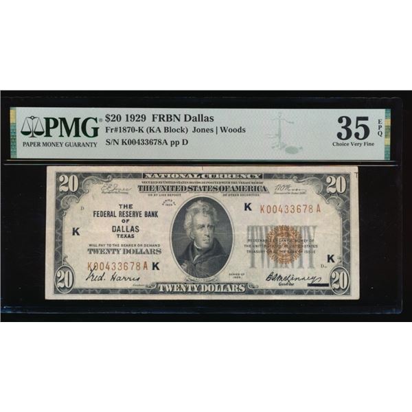 1929 $20 Dallas FRBN PMG 35EPQ