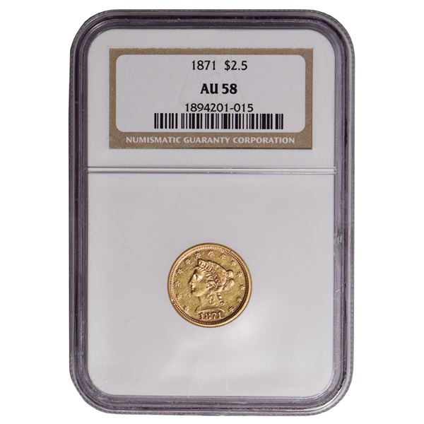 1871 $2.5 Liberty Quarter Eagle Gold Coin NGC AU58