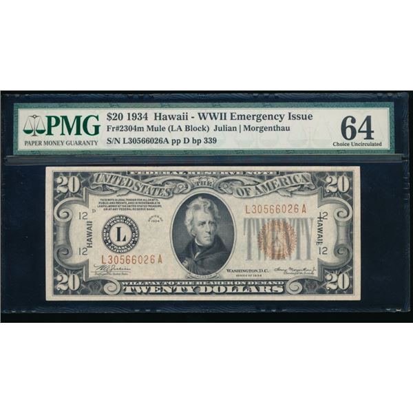 1934 $20 Hawaii Mule FRN PMG 64