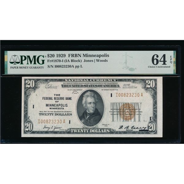 1929 $20 Minneapolis FRBN PMG 64EPQ