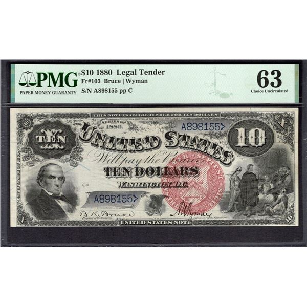 1880 $10 Jackass Legal Tender Note PMG 63