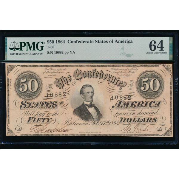 1864 $50 T-66 Confederate PMG 64