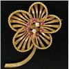 Image 2 : Vintage 14k Yellow Gold Brushed Flower Pin Brooch w/ Blood Red Rubies & Diamonds