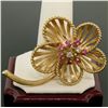 Image 5 : Vintage 14k Yellow Gold Brushed Flower Pin Brooch w/ Blood Red Rubies & Diamonds