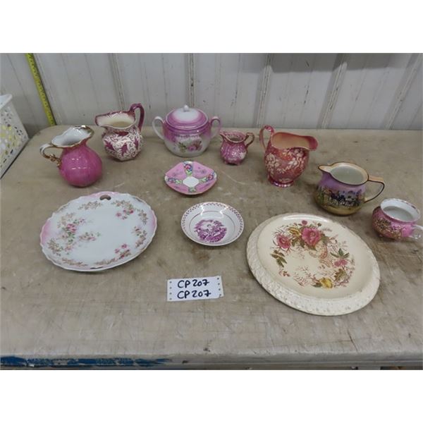 Assorted Pink Colored Porcelain China; Pitchers, Plates, Bowls -