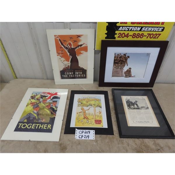 4 Framed Prints- War Time Themed- 1 Matted, Disney Silly 