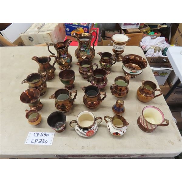 20pcs English Copper Lustre Ware; Pitchers, Cream + Sugar, 