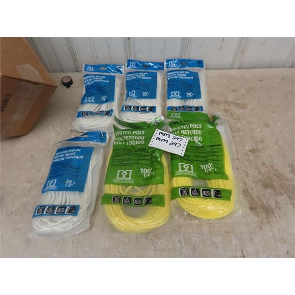 6 Packs of New Ropes; (4) 50 ' x 1/4  Nylon + (2) 100' x 1/4  Poly