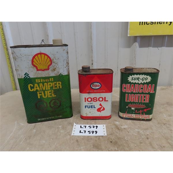Shell 4 L Camper Fluid Tin, Esso Iosol Fuel 32 oz Tin, Sur-go