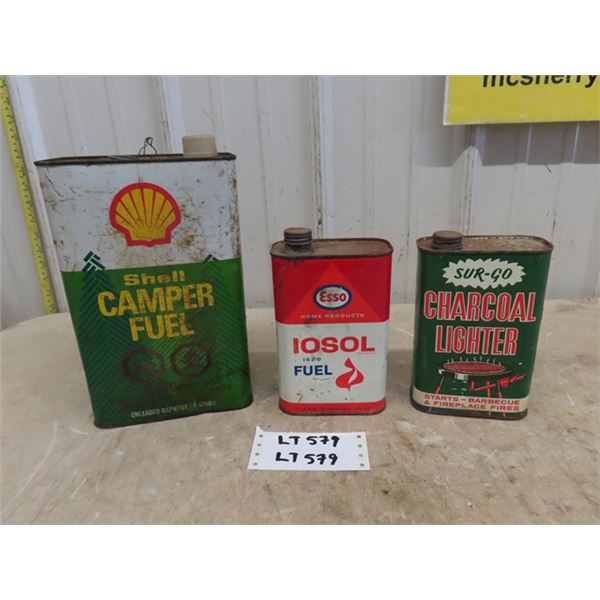 Shell 4 L Camper Fluid Tin, Esso Iosol Fuel 32 oz Tin, Sur-go 