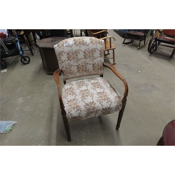 Vintage Wooden Arm Chair with Upholstered Seat + Back