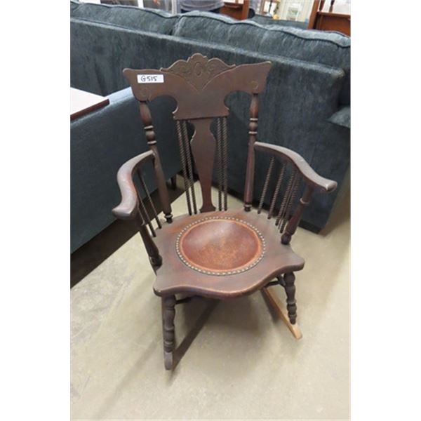 Antique Oak Rocking Chair with Leather Bowl Seat - Nice 