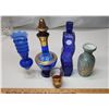 3 Decorative vases, Blue glass decanter & shot glass