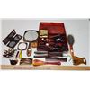 Brown vanity container - matching hair accessories; handheld mirrors, brush, combs, hair pins, etc