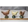 3 painted cement Hens