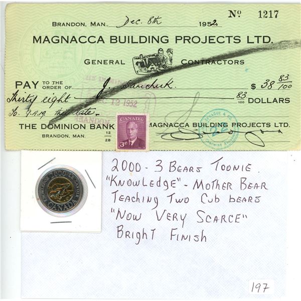 Magnacca Building Projects Cheque Receipt and 2000 3 Bears Toonie